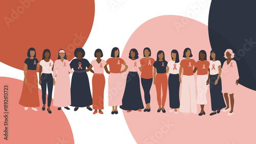 Diverse group of women standing together wearing pink awareness ribbons for breast cancer and women's health concept flat vector illustration