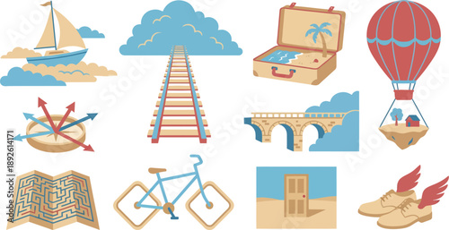 Surreal travel journey vectors with sailboat train suitcase hot air balloon in sky blue sandy beige red for adventure exploration branding design