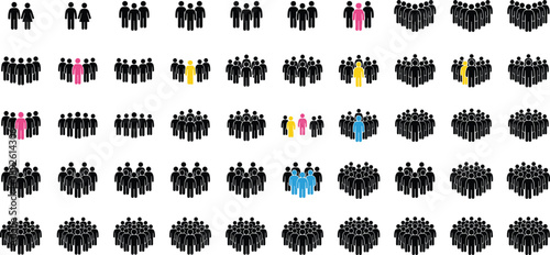 Large collection of diverse people silhouettes featuring business professionals wheelchair users crowds and colorful icons for community inclusion and social diversity