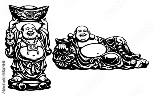 Set of laughing Buddha statues standing and reclining holding gold ingots for wealth and fortune