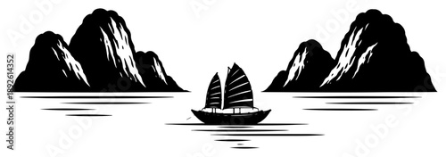 Minimalist vector illustration of a traditional junk boat sailing through karst mountains in Ha Long Bay