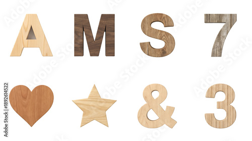 Wooden character set including letters A, M, S, numbers 3 and 7, heart, star, and ampersand isolated. Realistic typography and textured symbol collection.