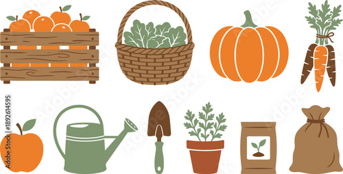Local harvest produce elements with wooden crate basket pumpkin carrots in pumpkin orange sage green brown for farm fresh branding design