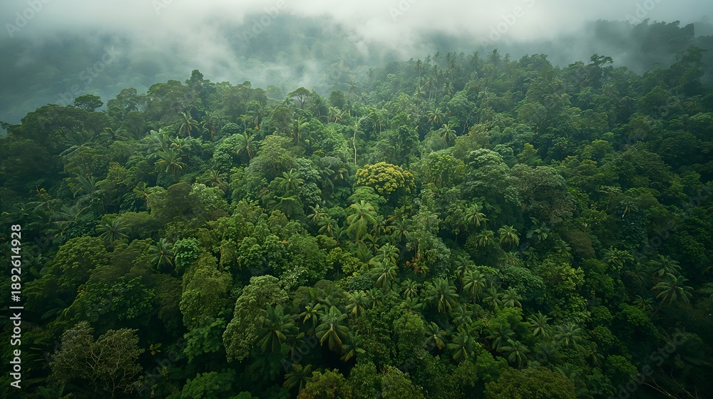 Fototapeta premium A lush, green forest canopy shrouded in mist, creating a serene and mysterious atmosphere. The dense foliage covers the landscape