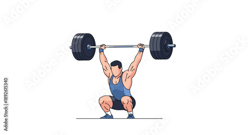 Weightlifter in Deep Squat Position Holding a Heavy Barbell Overhead Olympic Lifting Strength and Conditioning
