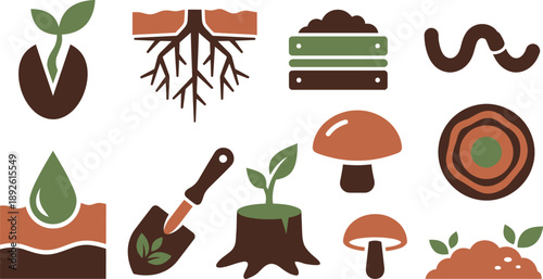 Subterranean rooted regeneration symbols with seed roots compost earthworm soil in clay terracotta moss green bark brown for underground growth branding design