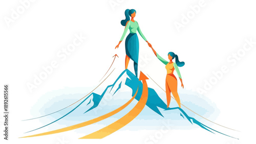 Woman helping young girl skiing mountain.