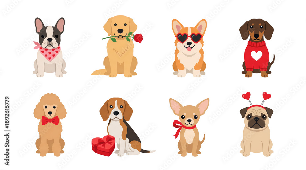 Obraz premium Dog breed set including french bulldog, golden retriever, corgi, dachshund, poodle, beagle, chihuahua, and pug isolated. Valentines day and pet love collection.