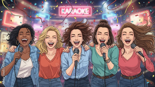 Group of women singing karaoke together.