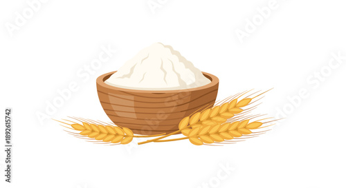Wooden Bowl of Fresh White Flour with Wheat Stalks Concept of Organic Ingredients and Traditional Baking
