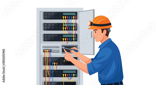 Technician Working on Server Rack and Network Cabling IT Professional Performing System Maintenance and Repair