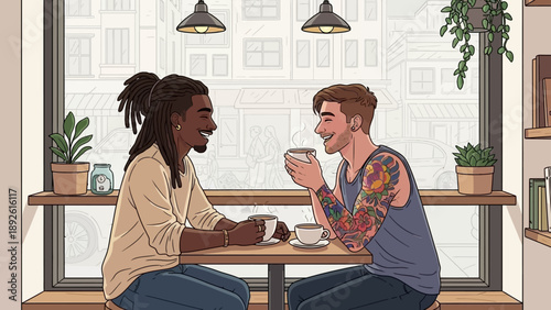 Two friends chatting over coffee.