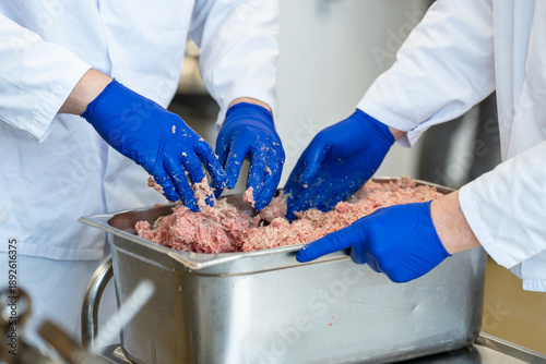 Food Industry Workers Mixing Ground Meat in Industrial Kitchen - testers in the laboratory - adding spices