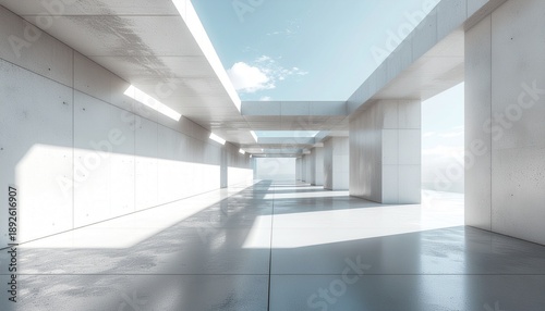 Bright, empty modern concrete hallway with natural light and sky visible through ceiling openings, creating a minimalist architectural space.