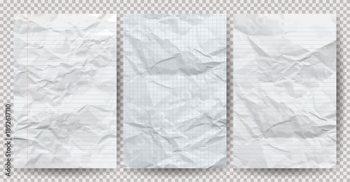 Set of white clean crumpled papers