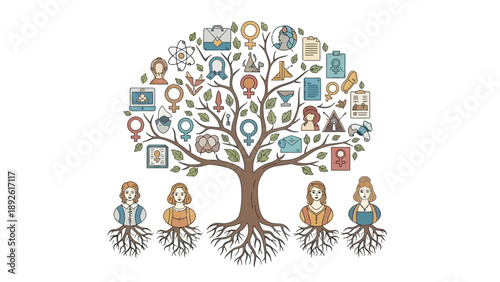 Tree with people and icons.