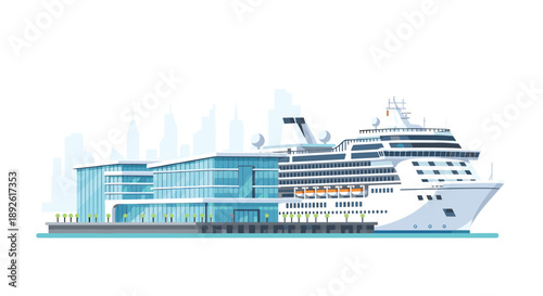 Large White Cruise Liner Docked Beside Modern Glass Terminal Building With City Skyline Silhouette In Background.