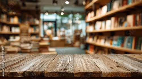 A wooden surface in focus leads to a blurred view of a cozy bookstore with shelves overflowing with books. The space glows