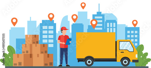 Delivery truck logistics illustration with courier checking parcels, shipping boxes, city skyline, and location tracking service concept