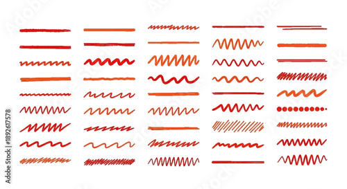 Red and Orange Hand Drawn Underline Vector Set on transparent Background. Collection of Hand Drawn Marker Lines, Squiggles and Scribbles. Vector Set of Handwritten Highlight Strokes and Wavy Underline