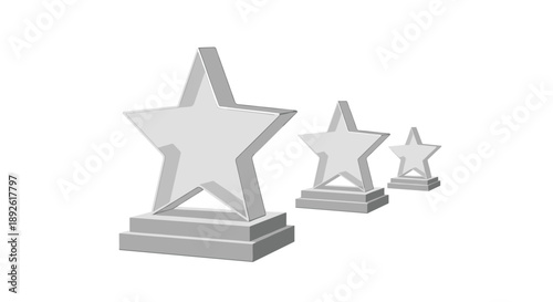 Three Silver Star Trophies Arranged In A Row On Pedestals Isolated Against A Minimalist White Background.