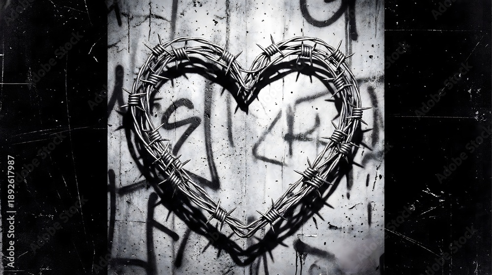 Naklejka premium Barbed Wire Heart Valentines Day Vector Illustration Grunge Concrete Background Black and White Edgy Streetwear Graphic Industrial Metal Texture Toxic Love Punk Tattoo