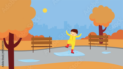 boy in a raincoat playing in the park. vector illustration.