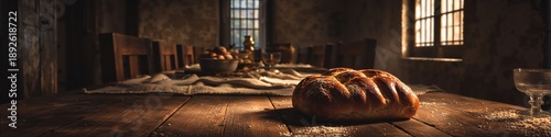 Braided bread loaf on rustic wooden table with wine goblet. Last Supper or Communion concept background