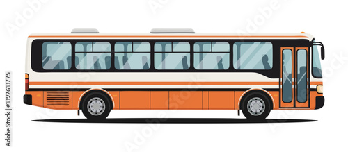Side view of a classic orange and white passenger bus with tinted windows and visible seats, parked on a white background