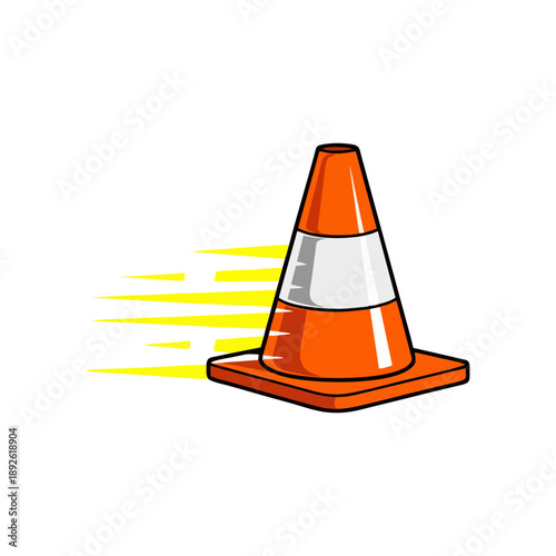 Dynamic illustration of an orange traffic cone with white reflective stripes, featuring energetic speed lines to symbolize quick action, road safety, and swift progress