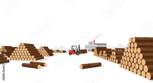 Lumber Yard Operations Featuring Log Piles Forklift And Factory Building Under Distant City Skyline Silhouette.
