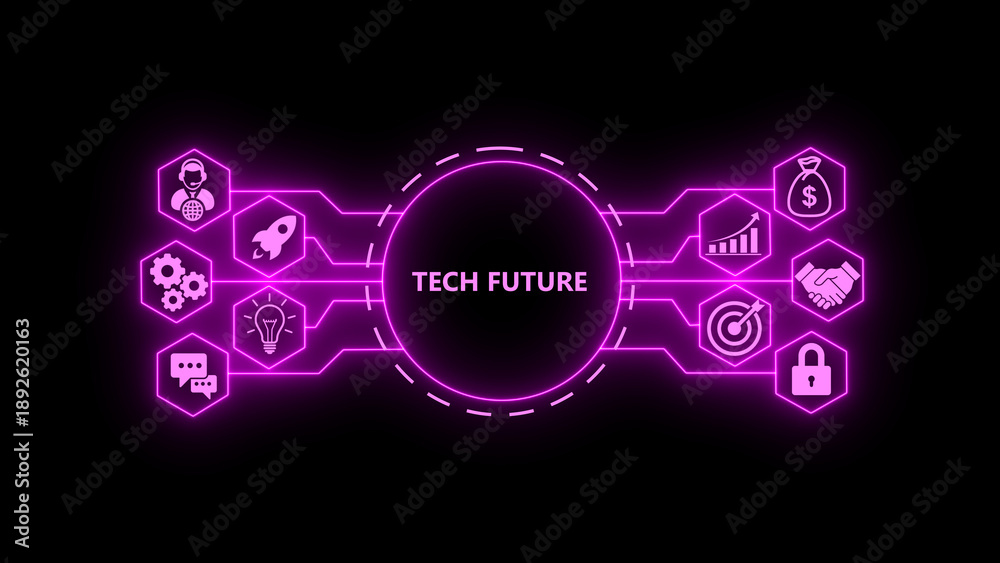 Obraz premium TECH FUTURE concept with glowing technology icons on a dark background. Futuristic digital network showing business growth, startup ideas, strategy, security, target achievement, 