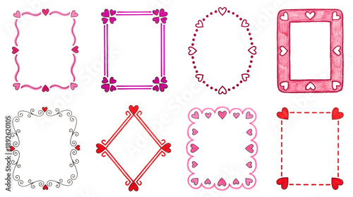 Pink and red heart frame set including scalloped, dashed, curled, and geometric borders isolated. Hand drawn decorative stationery and card elements.