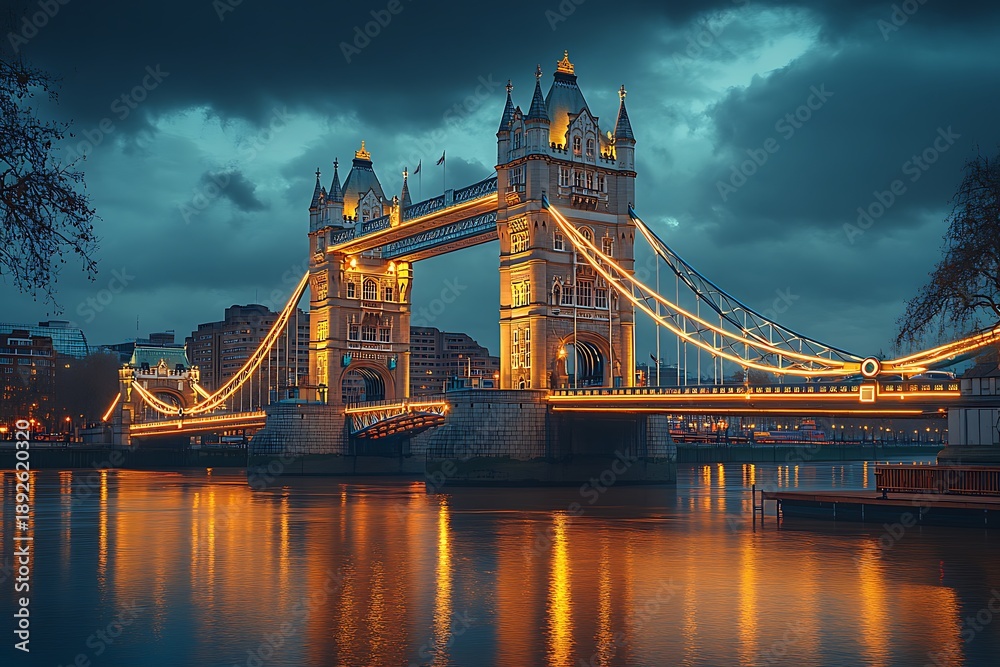 Obraz premium Tower Bridge London illuminated at dusk with cloudy sky and river reflections city