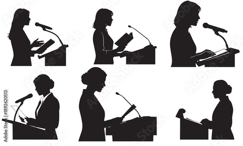 Set of silhouettes of women speaking at podiums with microphones and books