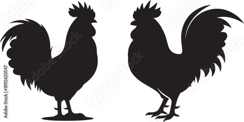 Elegant black silhouettes of two roosters with prominent combs and flowing tail feathers facing one another