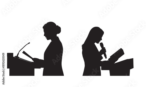 Silhouettes of two women speaking at podiums with microphones and books