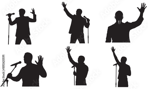 Collection of silhouettes of men with microphones in various poses on stage.