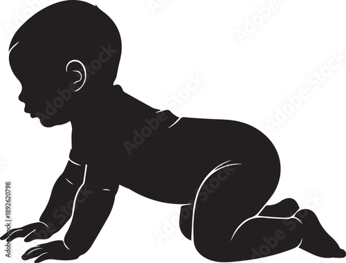 Simple black silhouette of a baby learning to crawl on hands and knees, exploring the world