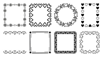 Heart border set including floral, scalloped, geometric, and dotted square and circle frames isolated. Decorative doodle line art for wedding and valentine stationery.