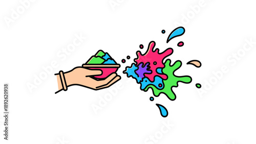 Vibrant paint splatters erupt from hand holding colorful palette in creative illustration