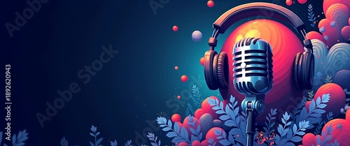 Retro microphone with headphones surrounded by abstract foliage and glowing spheres, gently swaying as camera slowly pans in a vibrant, surreal animation, perfect for music-themed content.