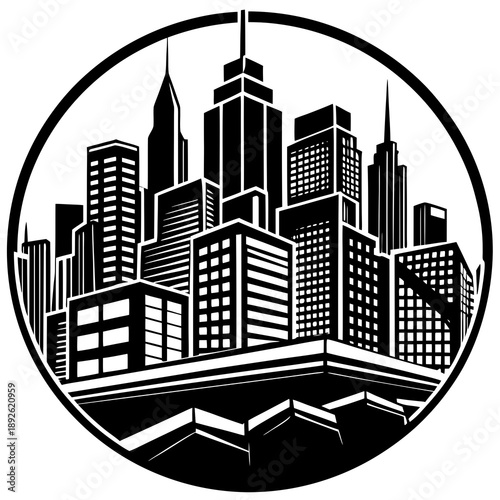 Silhouette of downtown rooftop skyline, modern vector isolated on White Background