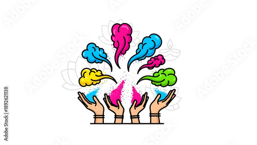 Multiple hands releasing colorful thoughts and ideas into the air, symbolizing creativity and innovation from various perspectives.