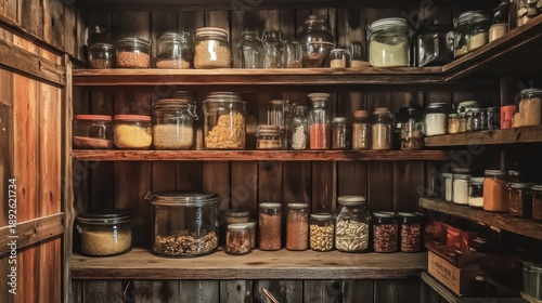 Darkened pantry shelves with jars containing minimal provisions and dry goods
