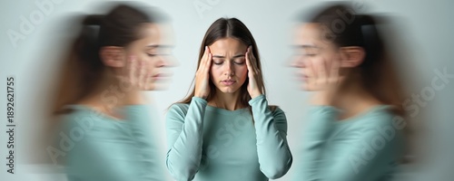 Young woman holds head with hands, eyes closed in pain. Suffers from severe headache, migraine, physical discomfort. Motion blur effect shows overwhelming thoughts, dizziness, mental confusion.