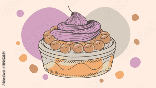 Very beautiful close-up of an elegant chocolate dessert topped with whipped cream and chocolate balls, highlighting smooth textures, layered sweetness, and refined dessert presentation.