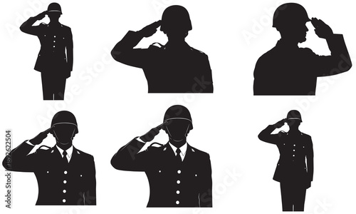 Silhouettes of soldiers in uniform saluting, representing military service and respect.