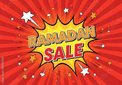 A vibrant Ramadan sale advertisement with colorful stars and bold text