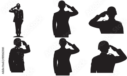 Collection of silhouettes of uniformed officers and soldiers saluting, diverse poses.